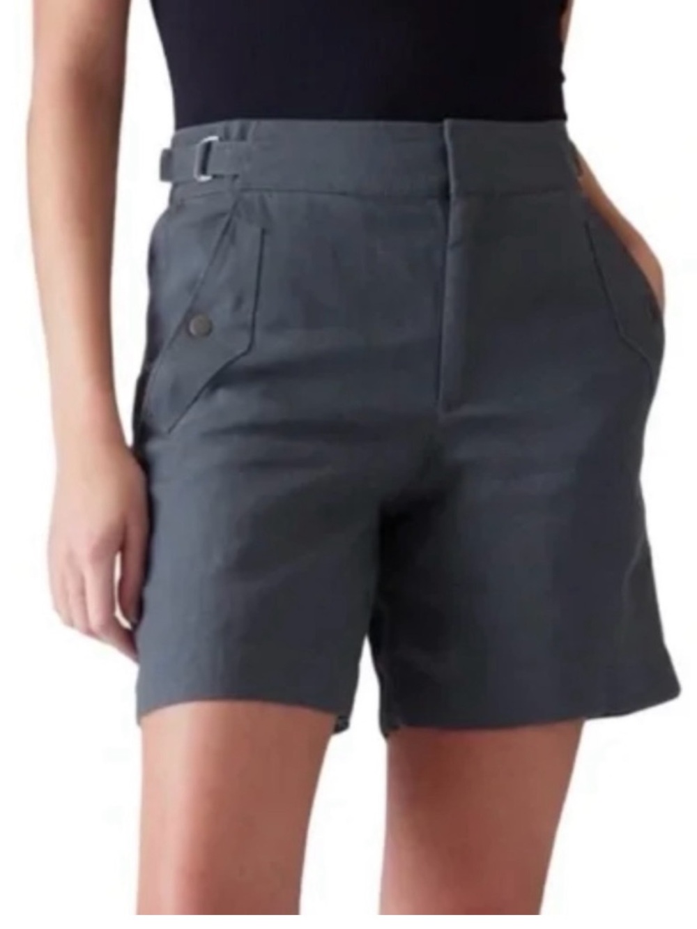 Athleta Voyager 100% Linen Shorts Graphite Blue Grey Adjustable waist, Size 12